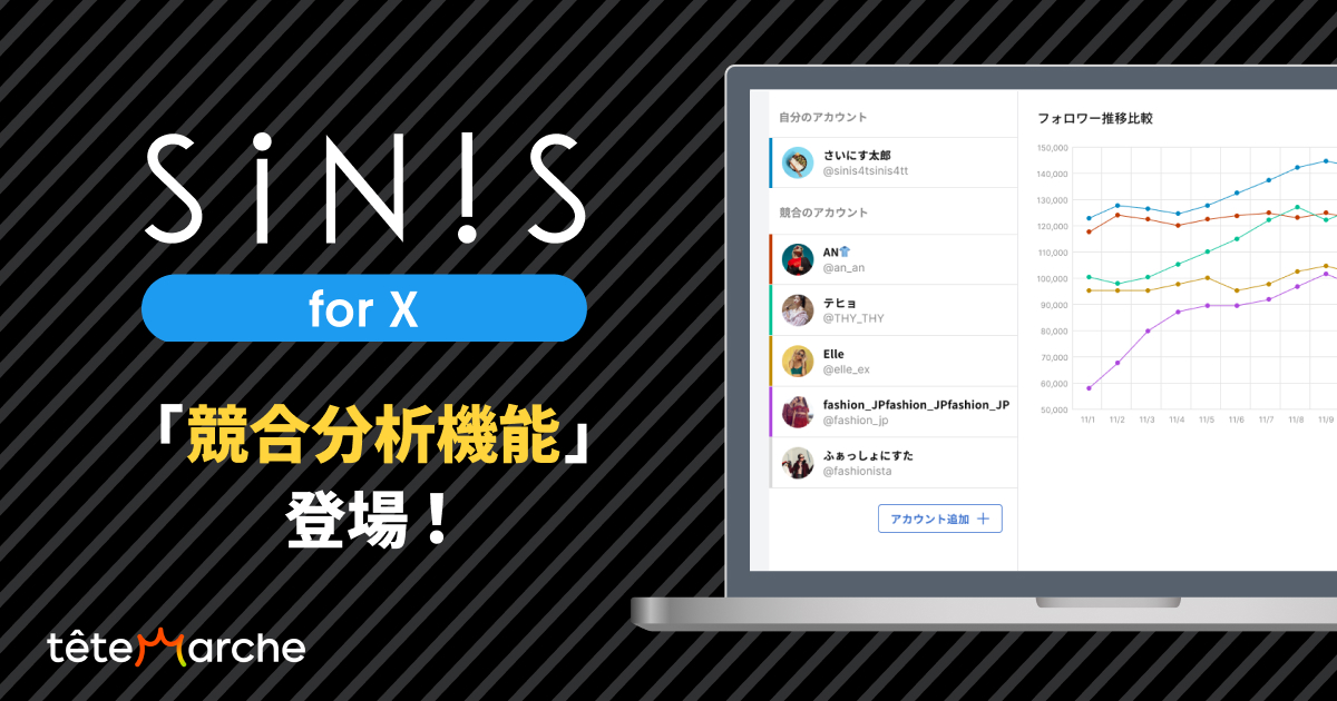 X（旧Twitter）分析ツール「SINIS for X」競合分析機能提供開始　競合アカウントと自社アカウントのフォロワー数の比較が可能に