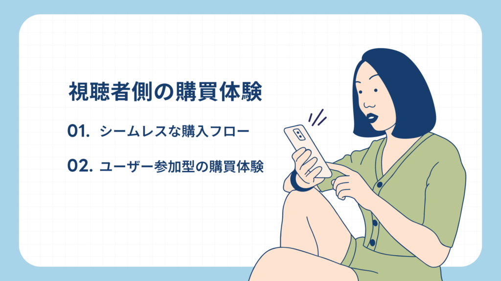 視聴者側の購買体験
1. シームレスな購入フロー
2. ユーザー参加型の購買体験