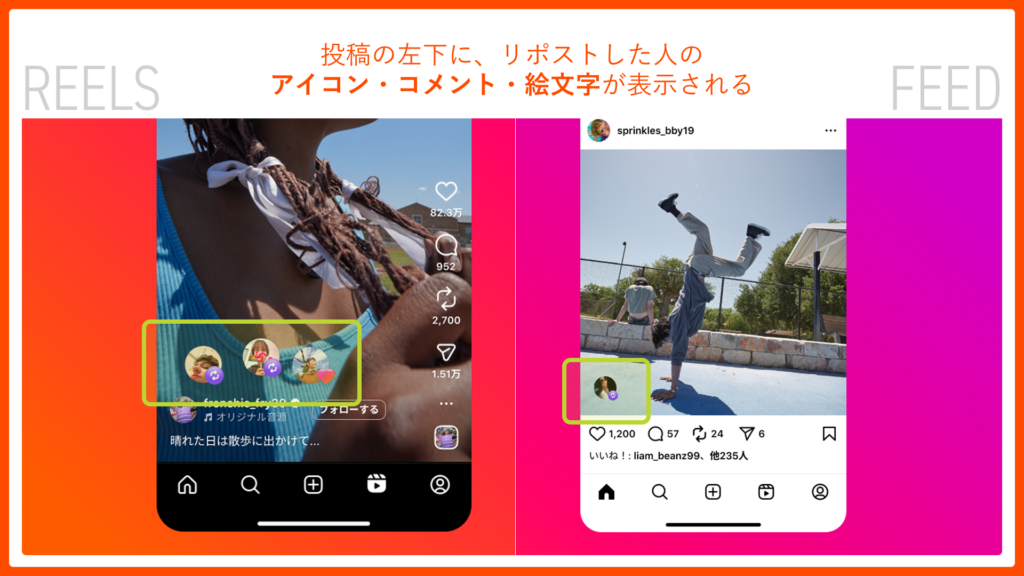 Instagram投稿の左下に、リポスト(再投稿)した人のアイコン・コメント・絵文字が表示される。