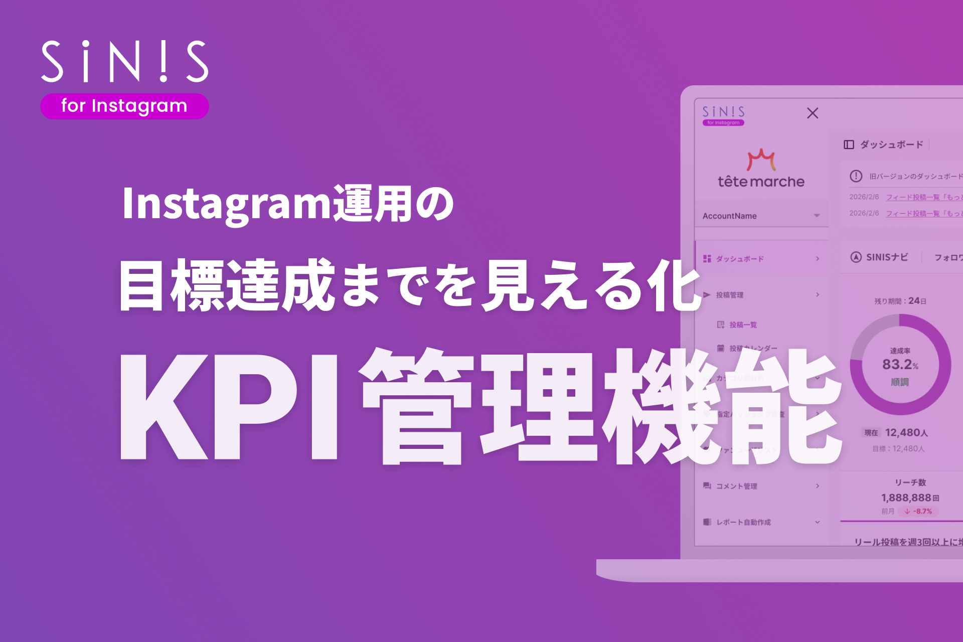 Instagram運用の目標達成までの道のりを見える化！SINISがKPI管理機能を提供開始￼